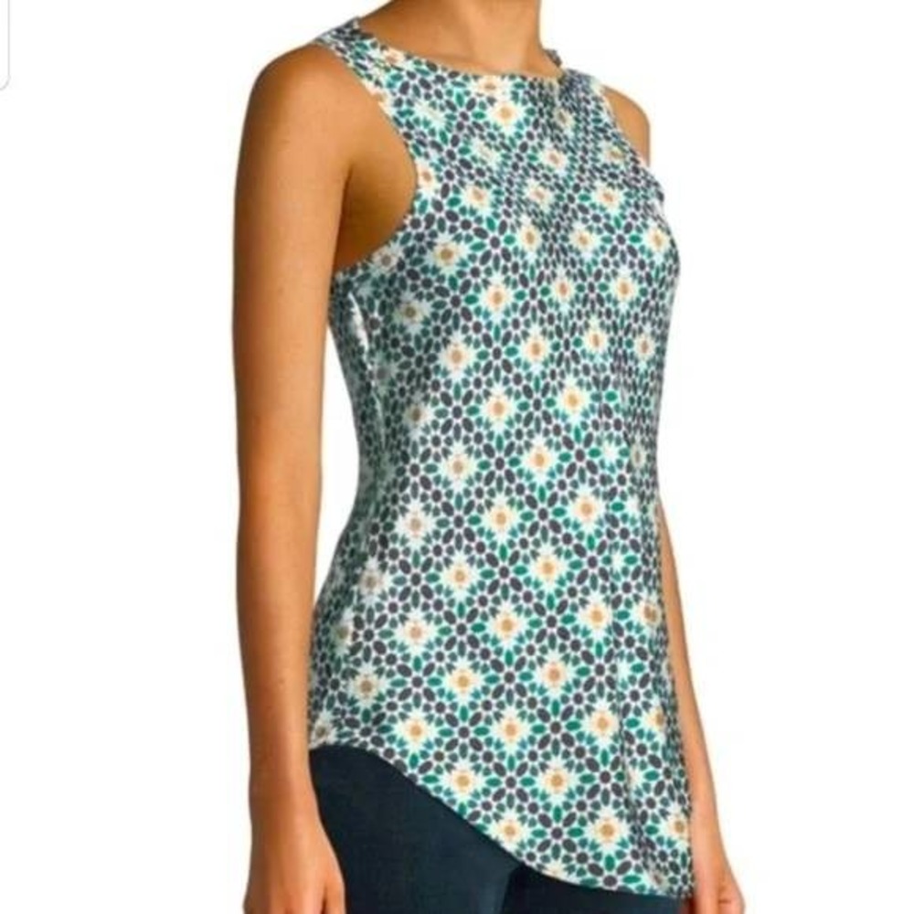 $189 100% silk‎ Theory 2B Tile Silk Twill Racerback blouse blue green orange M